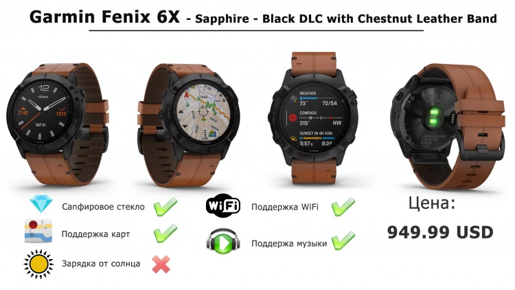 Часы Garmin Fenix 6X - Sapphire - Black DLC with Chestnut Leather Band