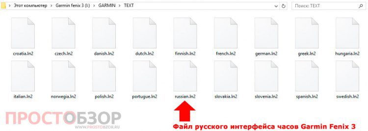 Список языковых интерфейсов в виде файлов в часах Garmin Fenix 3