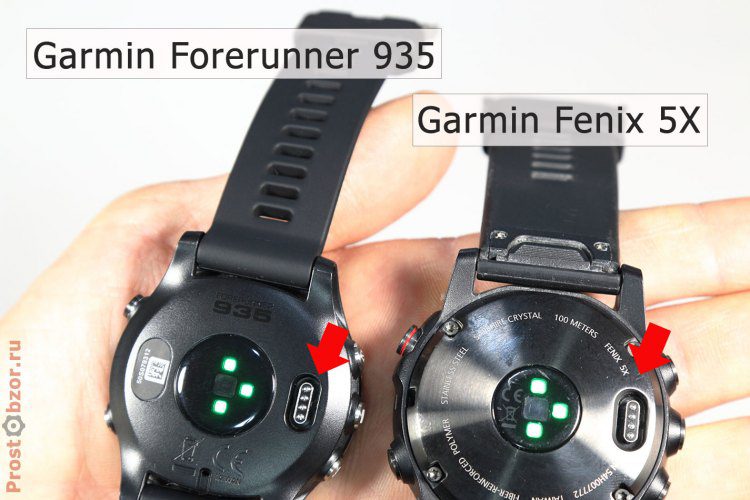 USB контакты для заряда и обмена информации в корпусе часов Garmin Fenix 5X и Garmin Forerunner 935