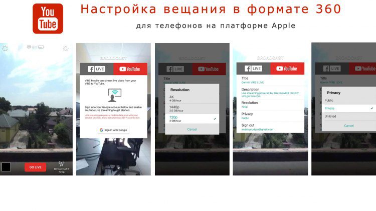 Скриншоты видео-трансляции 360 градусного видео через смартфон